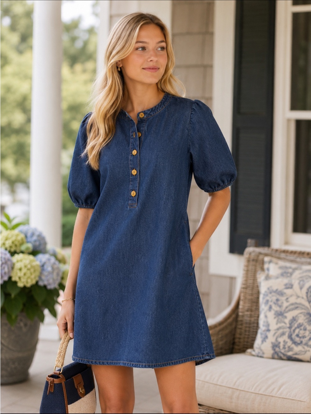 J. Crew Puff-Sleeve Denim Popover Dress Size XS Indigo Blue 54755